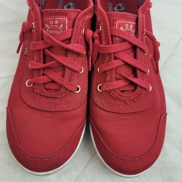 Bobs Skechers Memory Foam red canvas slip on lace sneakers gold trim preppy 8 - Picture 6 of 10